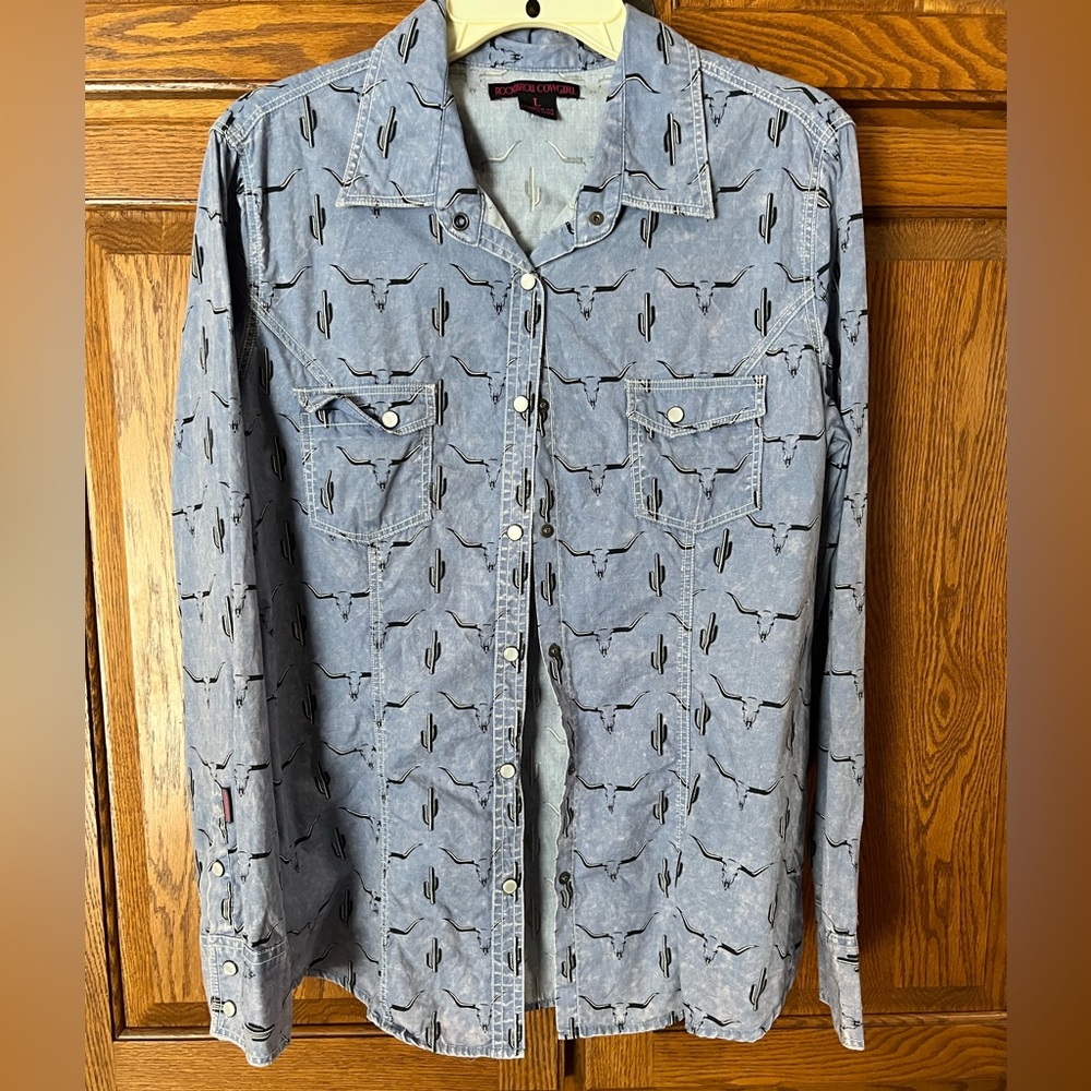 Rock & Roll Cowgirl Blue Shirt with Cactus & Longhorn Print Large
